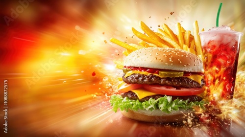 A vibrant fast food burst with a burger, fries, and soda cup spinning in a colorful, dynamic whirlwind.