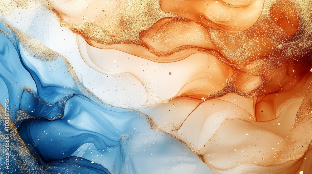 Abstract fluid art painting with blue, orange, and gold swirls and glitter. Abstract fluid art painting with blue, orange, and gold swirls and glitter.
