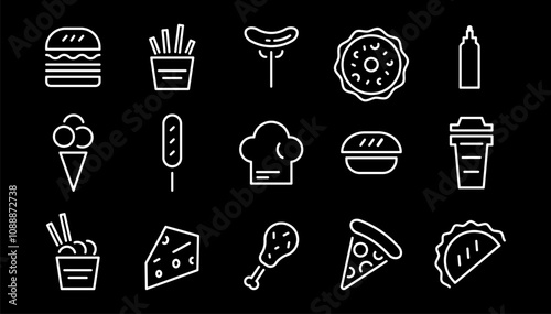 Outline white food icons, fast food signs and symbols. Burger, fried potato, chicken legs, sushi, pizza, coffee and other food icons. Vector illustration.