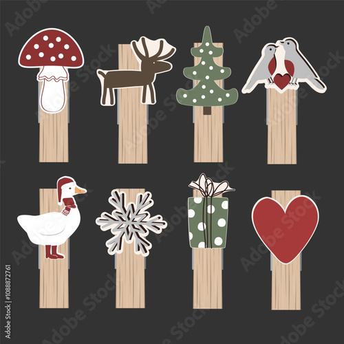 Small Wooden Clothes Peg collection. Set of winter decorated clothespins. Isolated Christmas mood design element. Vector illustration.