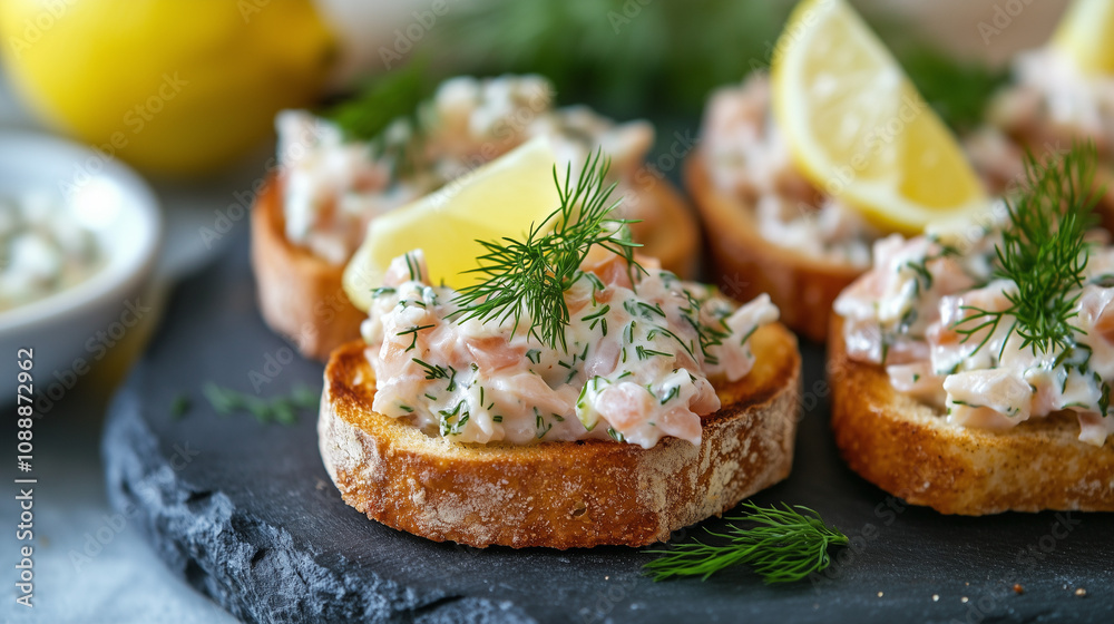High-angle view of toast skagen with a garnish of fresh dill and lemon wedges, bright and coastal presentation, rustic background 