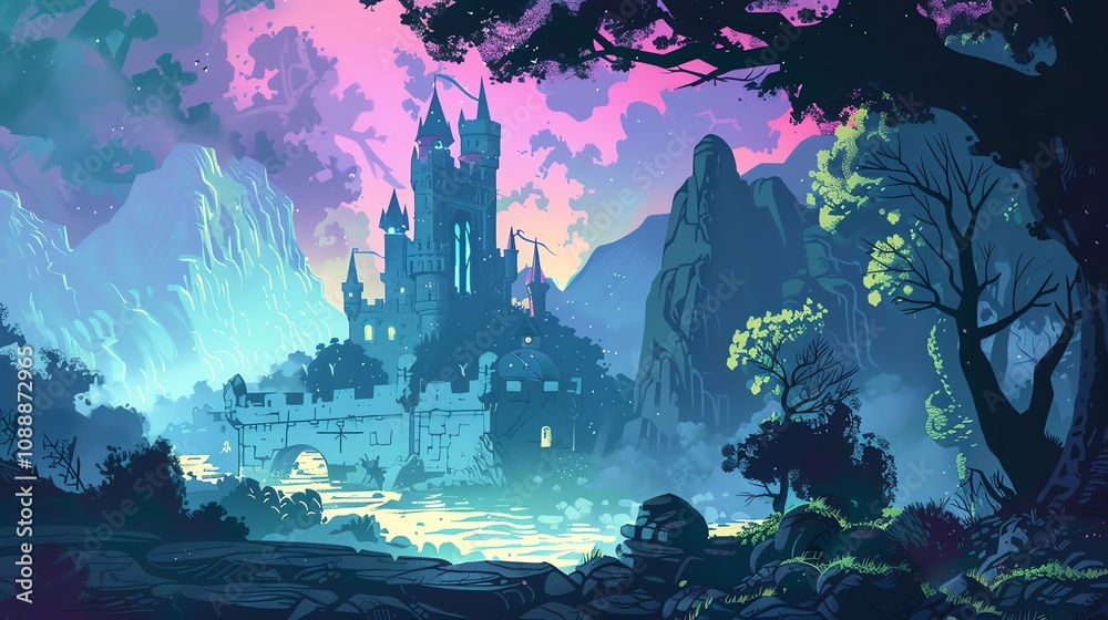 A magical forest with a castle in the distance. A magical forest with a castle in the distance.