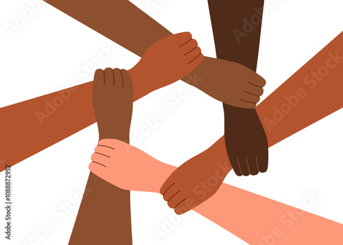 Hands of people of different nationalities holding each other. The concept of friendship, peace, equality, racial diversity, inclusivity. Teamwork concept.