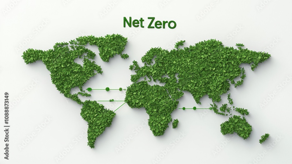 Net Zero Carbon Commitment Concept. A green world map made of foliage, symbolizing the concept of Net Zero Carbon Commitment Concept. A green world map made of foliage, symbolizing the concept of
