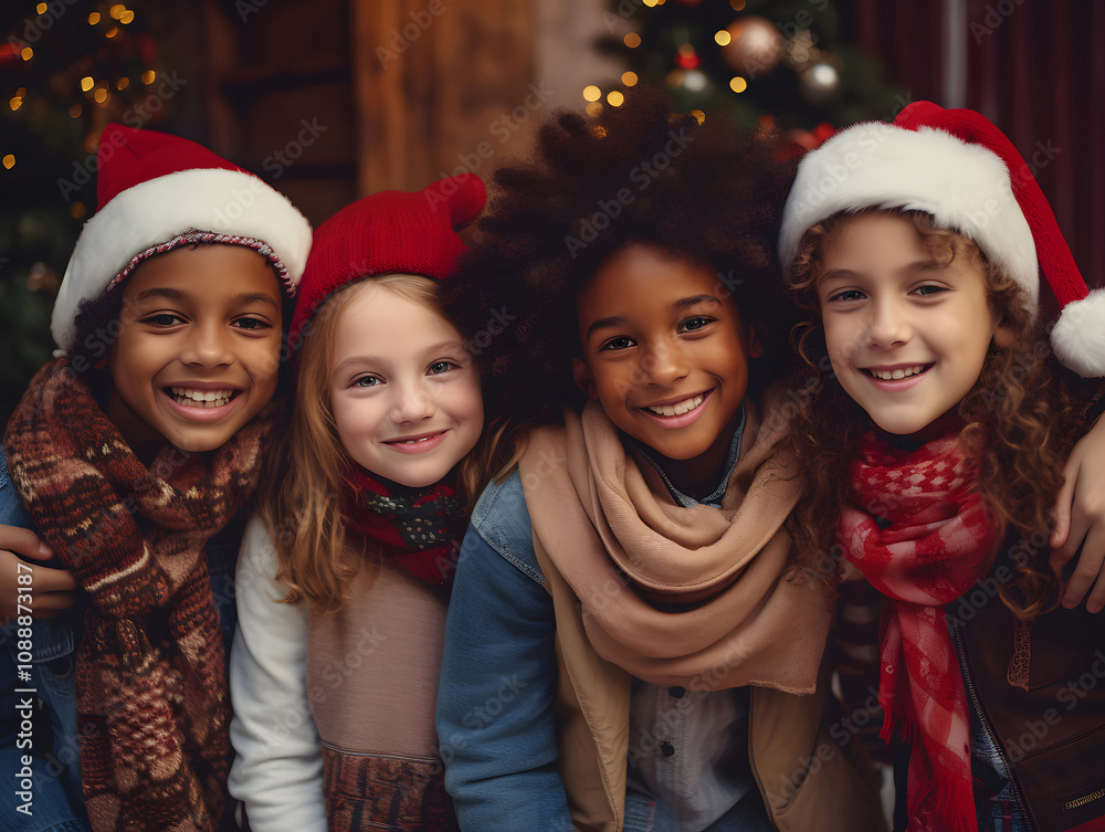 A joyful and diverse group of children happily celebrate Christmas together. They wear festive hats and spread joy and happiness around them, embodying the spirit of the holiday season A joyful and diverse group of children happily celebrate Christmas together. They wear festive hats and spread joy and happiness around them, embodying the spirit of the holiday season