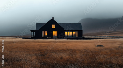 Minimalist black house with large windows glowing in warm light, situated in an open field of amber grass under a cloudy sky, creating a serene and rustic atmosphere.