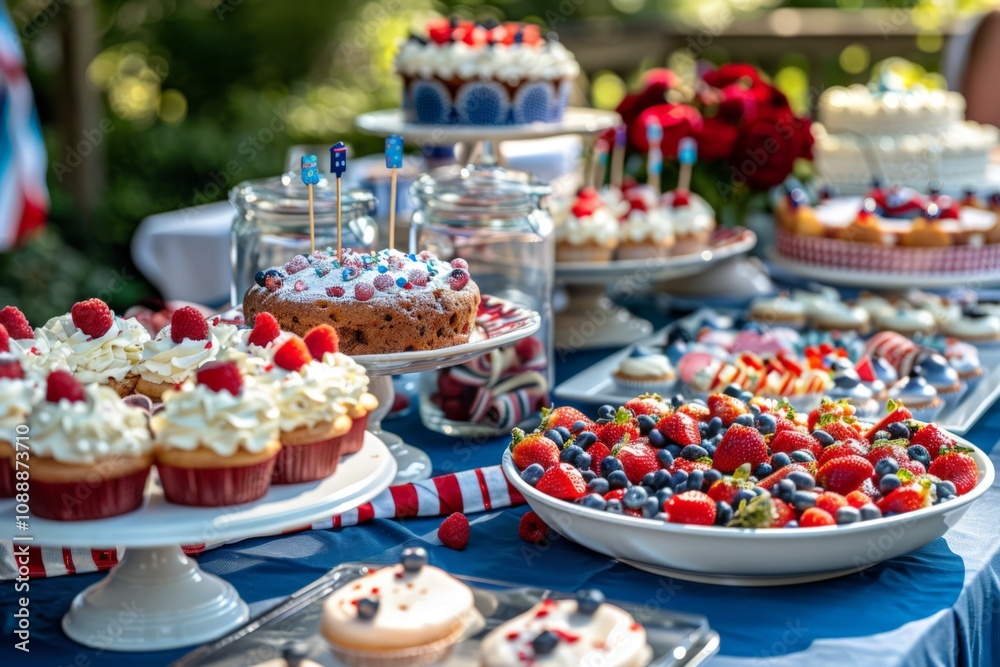 Festive Dessert Table Displaying Assorted Cakes, Cupcakes, and Fruits for Outdoor Celebration with Colorful Decorations and Tasty Treats Festive Dessert Table Displaying Assorted Cakes, Cupcakes, and Fruits for Outdoor Celebration with Colorful Decorations and Tasty Treats