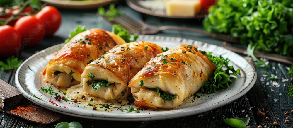 Baked Chicken Rolls With Cheese Greens Served On A White Plate Fresh Vegetables Dark Wooden Background Baked Chicken Rolls With Cheese Greens Served On A White Plate Fresh Vegetables Dark Wooden Background