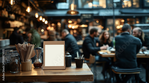 Cozy cafe interior with blurred patrons sitting at tables, wooden table setting with napkins and condiments in focus, warm ambient lighting, urban coffee shop atmosphere.