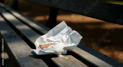 A blank ice cream sandwich wrapper mock-up, lying on a park bench with melting effects 3d illustration image.