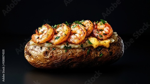A delicious loaded baked potato topped with grilled shrimp and garnished with herbs on a dark background.