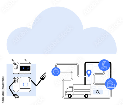 Robot pointing at a truck route with stopwatch location pin magnifying glass, and factory icons. Ideal for technology, logistics, automation, cloud computing, AI, transportation, efficiency. Line