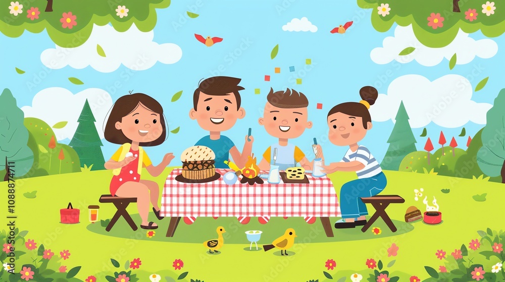 Obraz premium An illustration of four kids having a picnic outdoors.