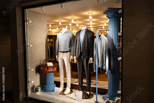 Male mannequins in store glass window display dressed casual autumn — winter elegant clothing, night scene