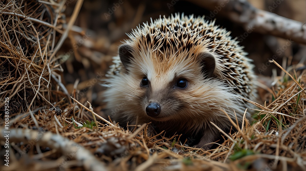 Fototapeta premium Close-up of a cute hedgehog nestled in dried grass and leaves, showcasing its spiky coat and curious expression.