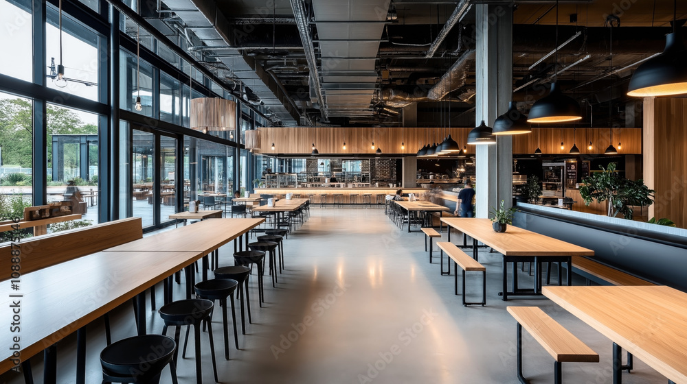 Spacious modern cafe interior with wooden tables, benches, and industrial-style lighting. Large windows provide natural light, and a barista counter is visible in the background. Spacious modern cafe interior with wooden tables, benches, and industrial-style lighting. Large windows provide natural light, and a barista counter is visible in the background.
