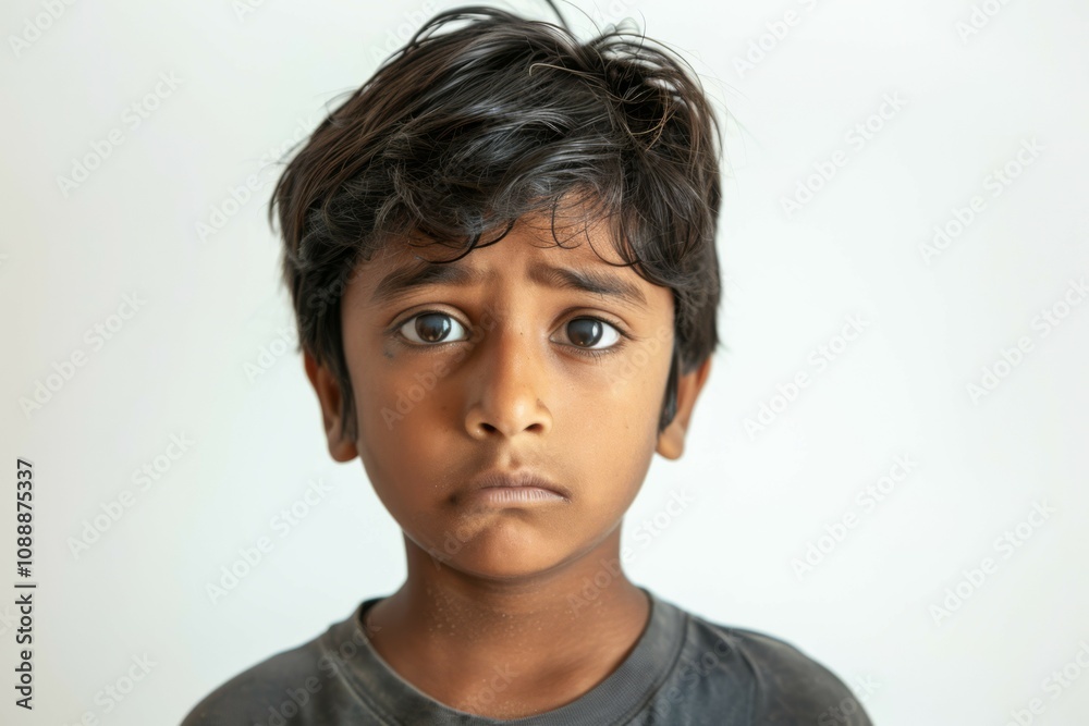 Sincere expression of a young boy with dark messy hair, conveying a mix of emotions against a neutral background, highlighting innocence and vulnerability in childhood. Sincere expression of a young boy with dark messy hair, conveying a mix of emotions against a neutral background, highlighting innocence and vulnerability in childhood.