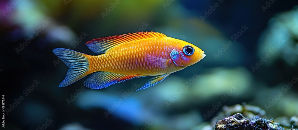 A vibrant orange fish swims gracefully in an underwater environment.
