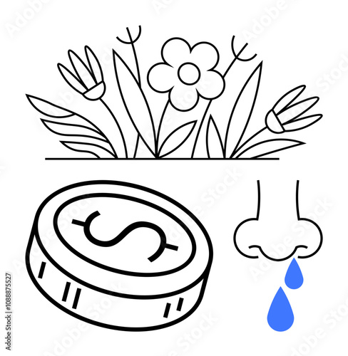 Flowers and plants, dollar coin, nose with blue droplets. Ideal for healthcare, financial planning, wellness, healthcare costs, seasonal allergies medical expenses economic impact. Line metaphor