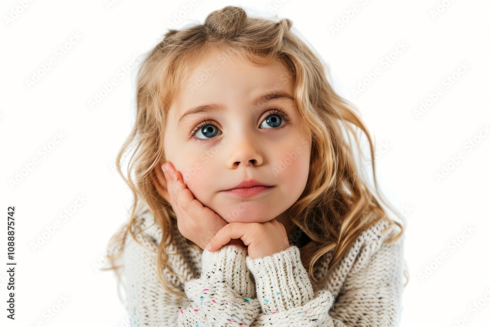 Thoughtful Little Girl with Curly Hair and Sweater Looking Upwards in an Innocent Pose that Evokes Curiosity and Wonder Thoughtful Little Girl with Curly Hair and Sweater Looking Upwards in an Innocent Pose that Evokes Curiosity and Wonder