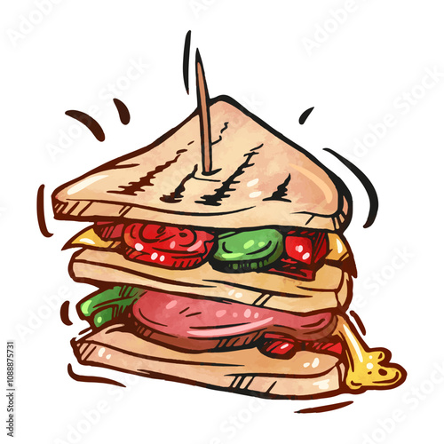 Delicious multilayered sandwich with fresh vegetables and tasty meats displayed in a fun illustration