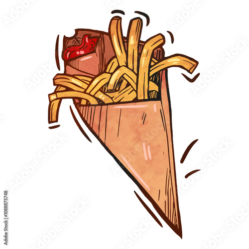 French fries in a cone with ketchup and a bite taken out, showcasing a delicious snack during a casual dining experience