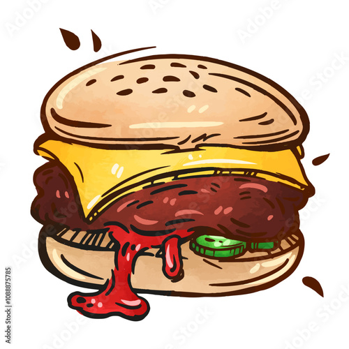 Delicious burger with melted cheese and juicy patty served with toppings