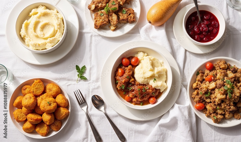 Top-Down View of Traditional Thanksgiving Dishes on White Tablecloth: Mashed Potatoes, Cranberry Sauce, and Stuffing Top-Down View of Traditional Thanksgiving Dishes on White Tablecloth: Mashed Potatoes, Cranberry Sauce, and Stuffing