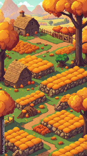 Farm and field, autumn season.mobile game asset. Game environment set, hay day, stardew valley style
