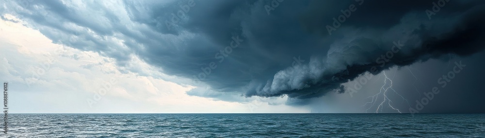 Fototapeta premium A dramatic seascape featuring dark storm clouds looming over a calm ocean, hinting at an impending downpour, with rippling water reflecting the sky.