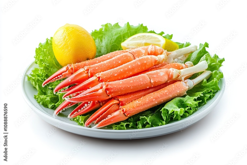 Crab sticks with lettuce leaves and lemon on plate isolated on white Crab sticks with lettuce leaves and lemon on plate isolated on white