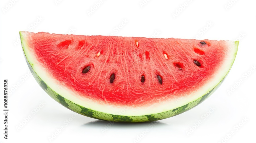 A juicy slice of watermelon, red flesh, black seeds, green rind, isolated on white background. A juicy slice of watermelon, red flesh, black seeds, green rind, isolated on white background.