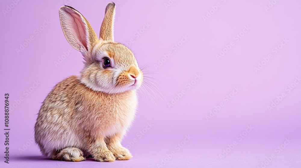 Fototapeta premium A cute rabbit sitting on a pastel purple background, showcasing its fluffy fur and expressive eyes.