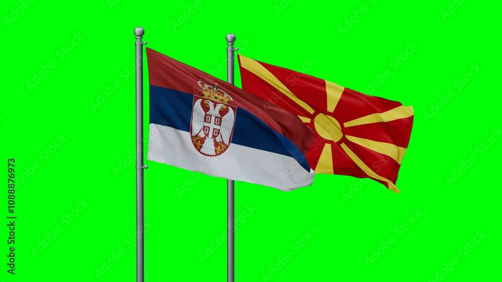Serbia and North Macedonia flags flying together, video concept of the relationship with colored chroma key for easy background remove Serbia and North Macedonia flags flying together, video concept of the relationship with colored chroma key for easy background remove