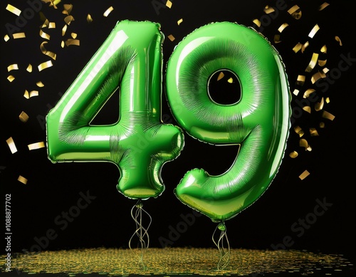 Green birthday / anniversary balloon, number 49, black background with confetti photo