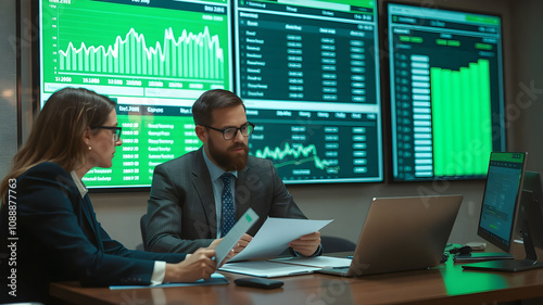 Finance team analyzing graph quarterly earnings report. business people having a meeting