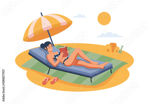 A woman relaxes on a sunbed while reading a book at the beach, with an umbrella for shade and sandcastle in the background. Vector illustration