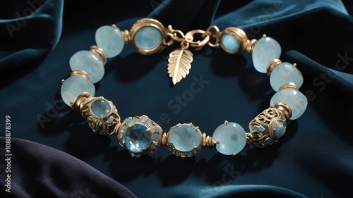 Elegant gemstone bracelet with aquamarine and gold accents, luxurious and stylish on a silky fabric background