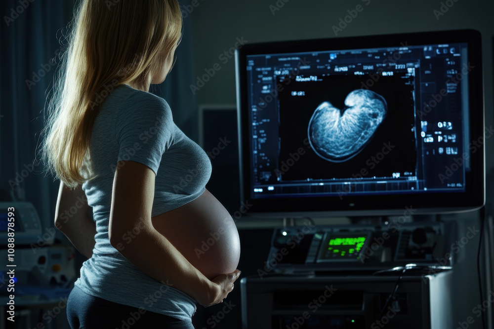 Pregnant woman observing ultrasound image on screen, illuminated by monitor light, conveying anticipation and maternal bond in a medical setting. Pregnant woman observing ultrasound image on screen, illuminated by monitor light, conveying anticipation and maternal bond in a medical setting.