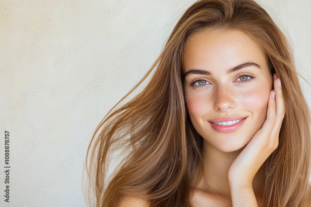 A woman with long hair smiling gently, showcasing natural beauty. A woman with long hair smiling gently, showcasing natural beauty.
