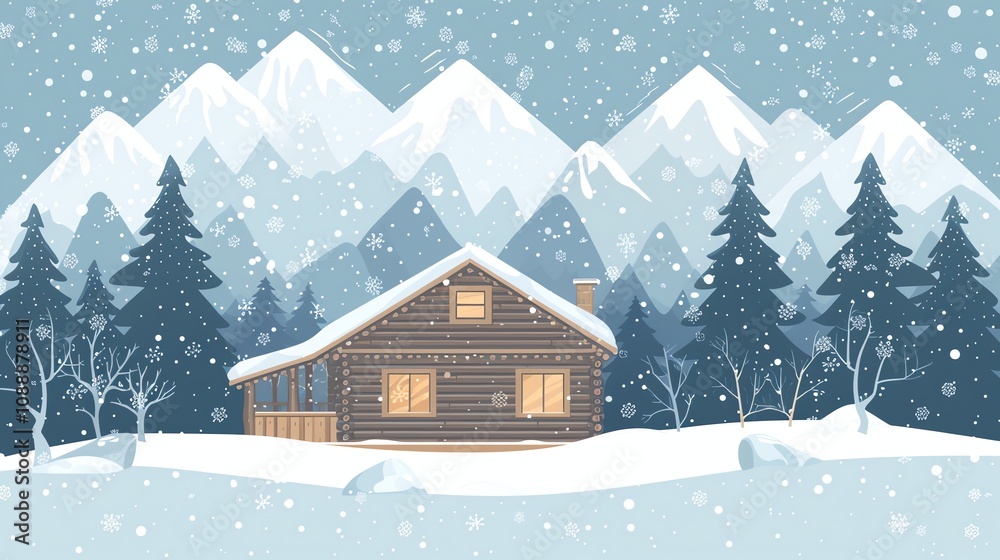 Naklejka premium A cartoon illustration of a cozy cabin in a snowy forest with mountains in the background.