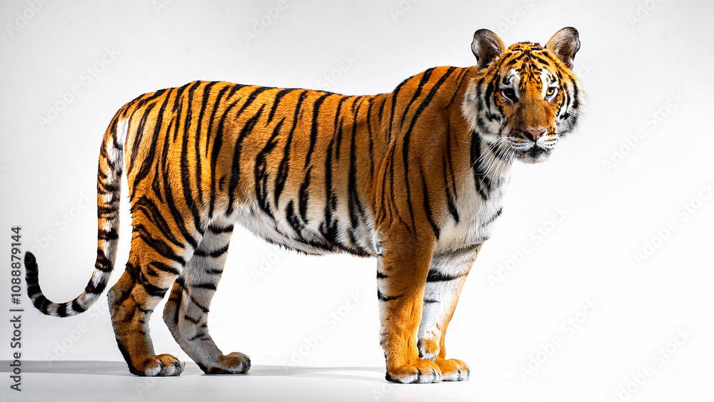 Obraz premium The tiger stands on a white background.