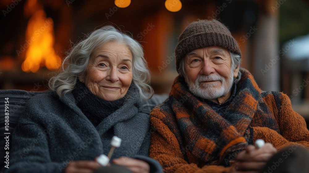 Cozy evening by the fire with an elderly couple enjoying marshmallows in a rustic outdoor setting. Generative AI Cozy evening by the fire with an elderly couple enjoying marshmallows in a rustic outdoor setting. Generative AI