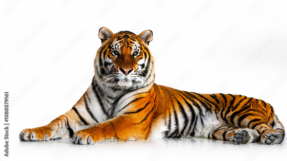 Obraz premium Tiger resting on white background.