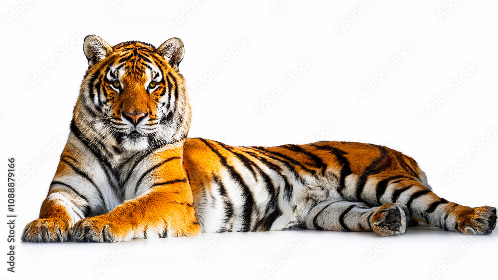 Obraz premium Tiger lying on white background.