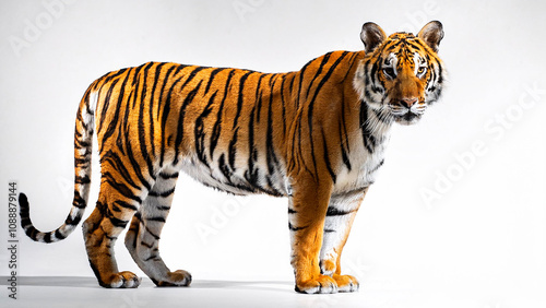 The tiger stands on a white background.