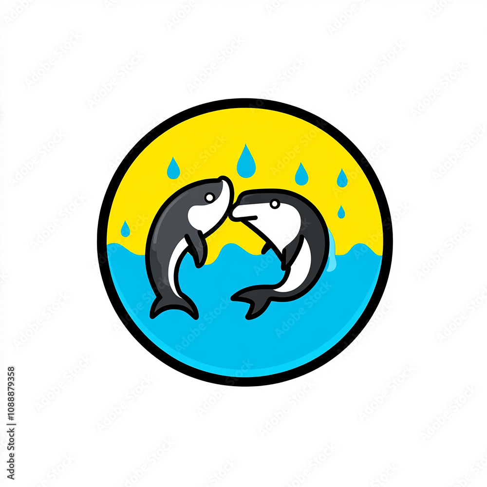 Two cartoon dolphins in a circle with water and rain drops. Two cartoon dolphins in a circle with water and rain drops.