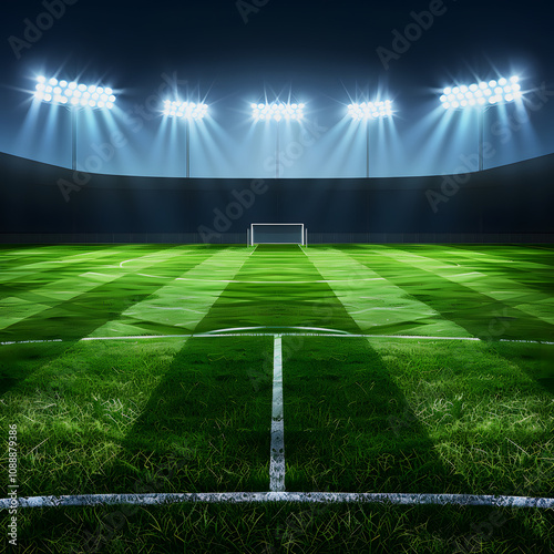 illuminated soccer field under bright stadium lights, showcasing lush, green grass perfect for sports and outdoor activities at night with a white accent, png