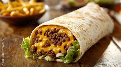 A large beef burrito with melted cheese and lettuce, next to a bowl of french fries.