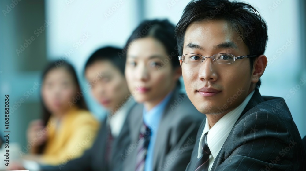 Four professionals in business attire sit around a table, looking focused and serious in a meeting. One man, smiling, stands out. Four professionals in business attire sit around a table, looking focused and serious in a meeting. One man, smiling, stands out.